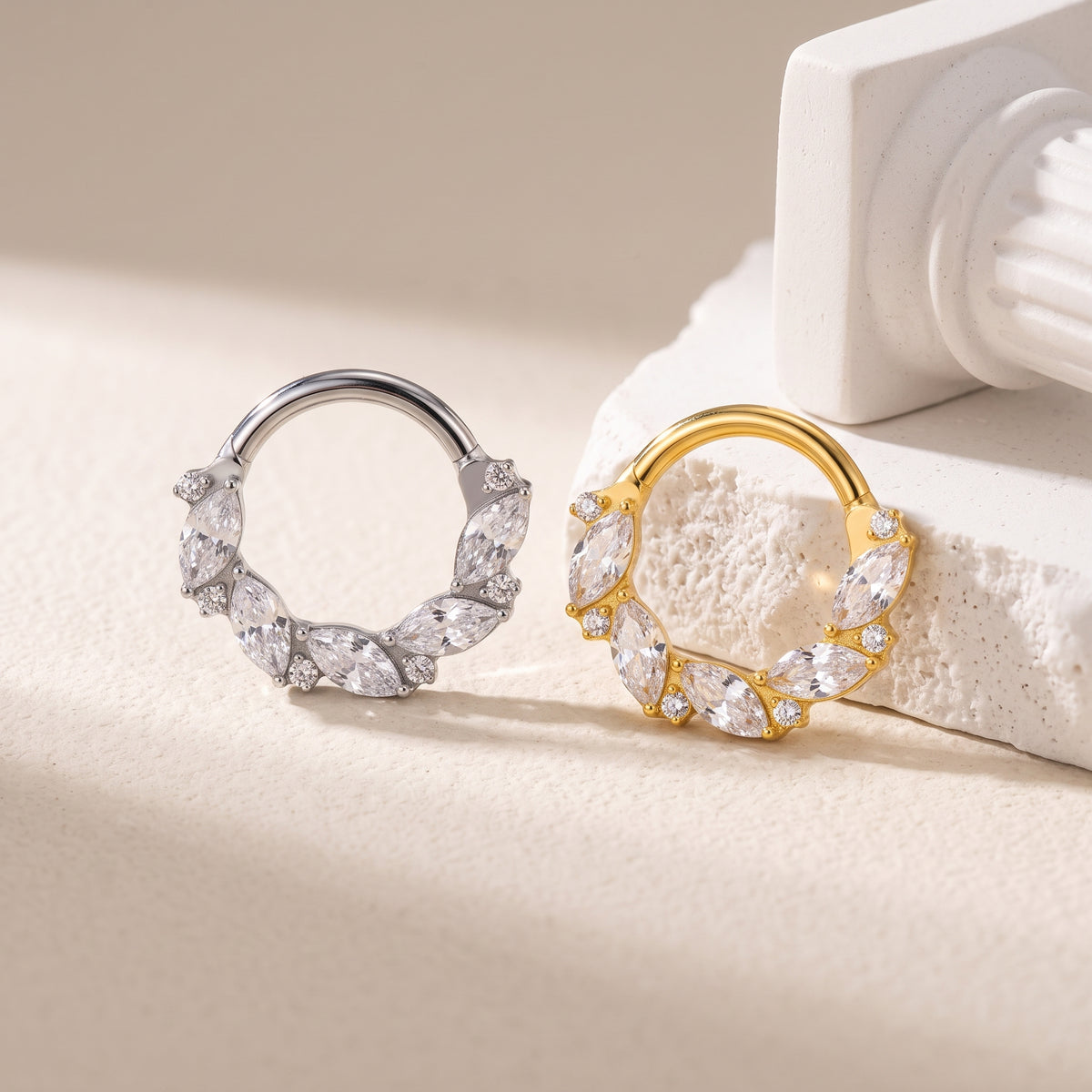 ZOOR Titanium Marquise Round CZ Hinged Hoop