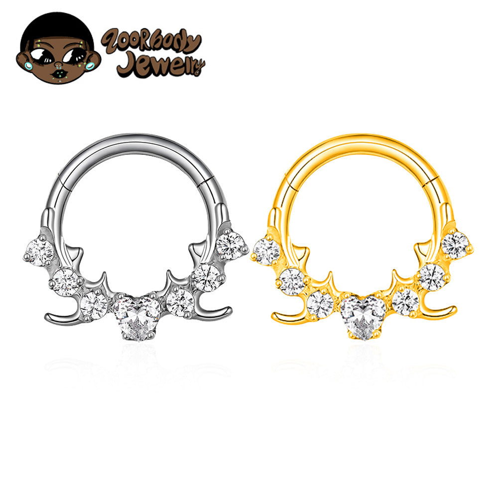 ZOOR Titanium Antler Heart CZ Hinged Hoop