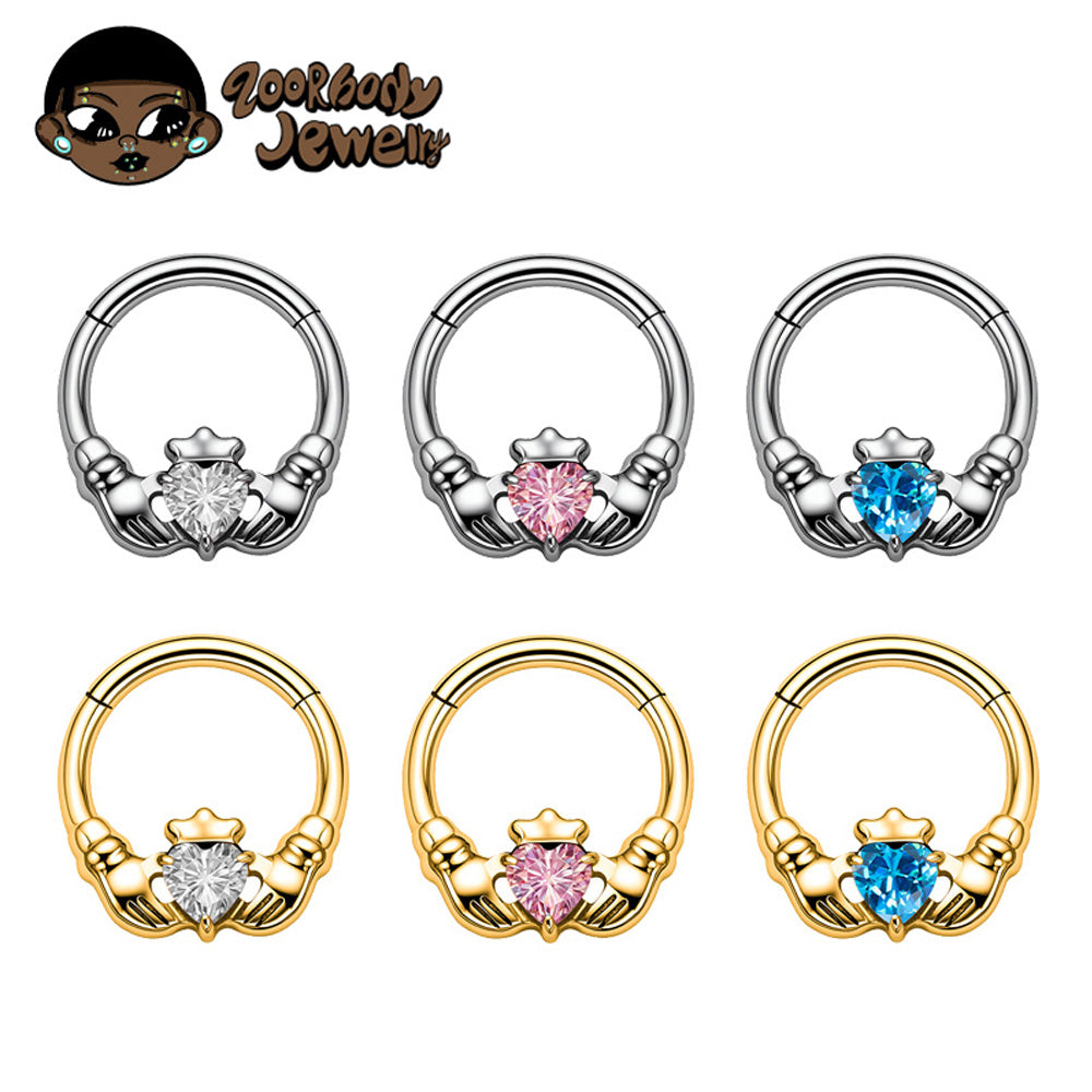 ZOOR Titanium Claddagh Heart CZ Hinged Hoop