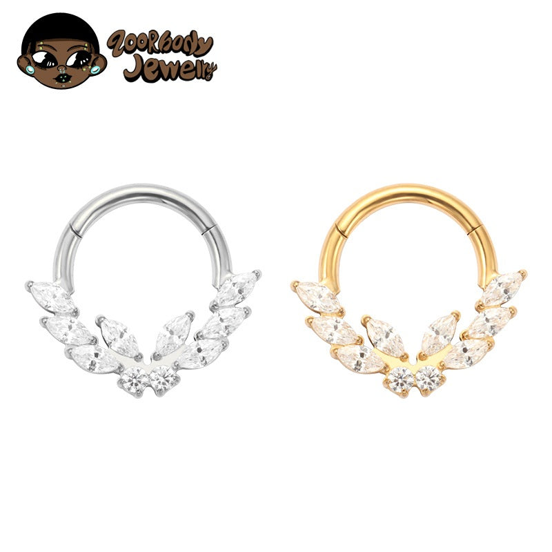 ZOOR ASTM F136 G23 Titanium V‑Shape Wing Marquise Clear CZ Hinged Clicker Hoop Septum Daith Helix Cartilage Piercing Jewelry