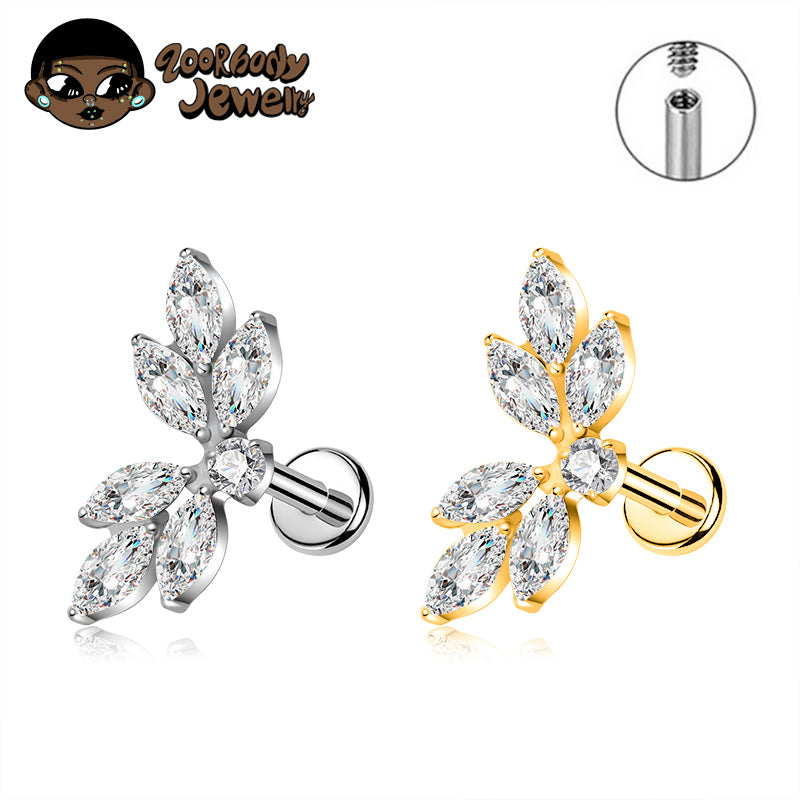ZOOR ASTM F136 Titanium Marquise CZ Leaf Internal Thread Labret Stud Helix Tragus Piercing Earring
