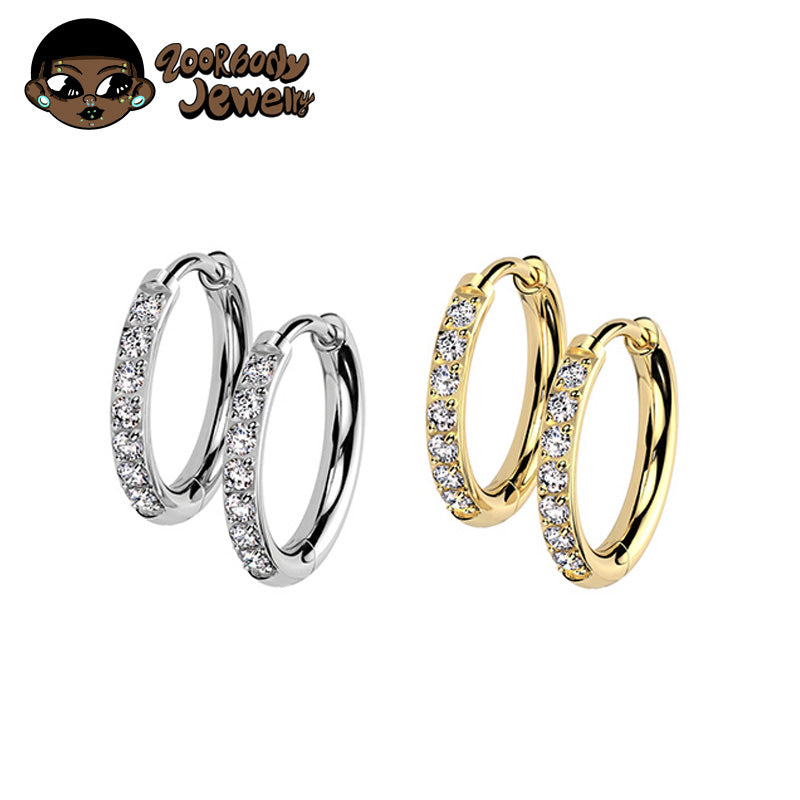 ZOOR Titanium Double Band Half Paved CZ Hinged Hoop Pair