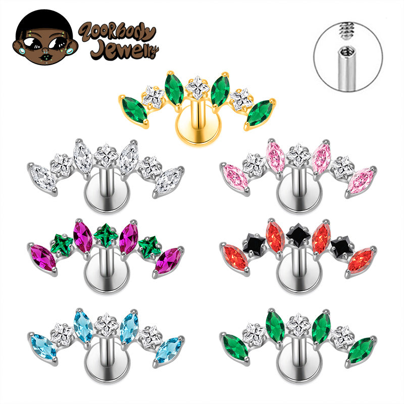ZOOR ASTM F136 Titanium Symmetric Wing Marquise CZ Internally Threaded Labret Stud, Helix Tragus Ear Piercing Jewelry