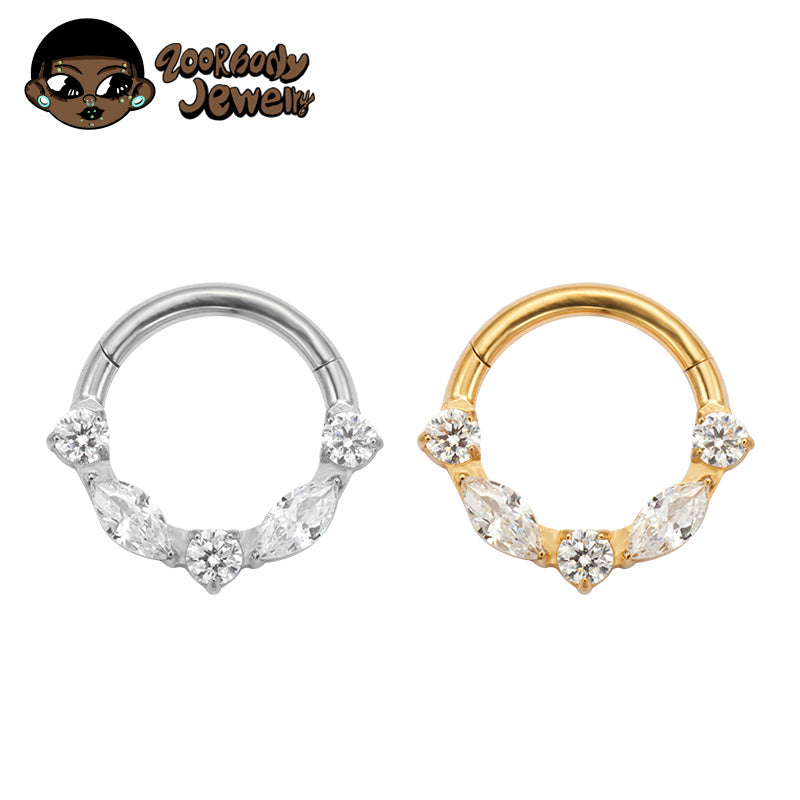 ZOOR ASTM F136 G23 Titanium Marquise & Round Clear CZ Floral Hinged Clicker Hoop Septum Daith Helix Cartilage Piercing Jewelry