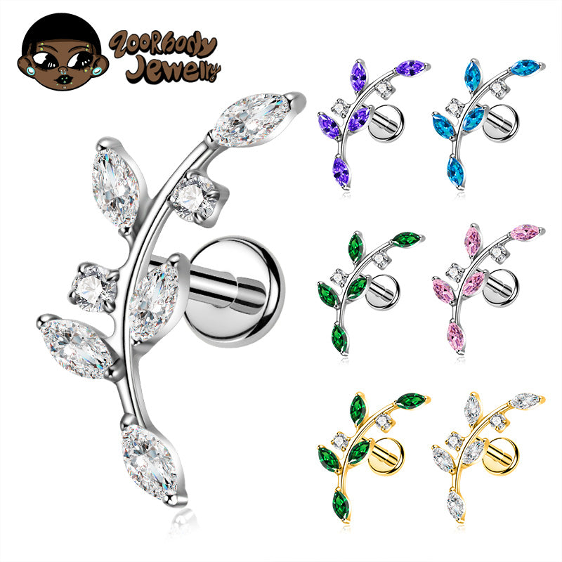ZOOR ASTM F136 Titanium Curved Vine Marquise & Square CZ Internally Threaded Labret Stud Helix Tragus Piercing Earring