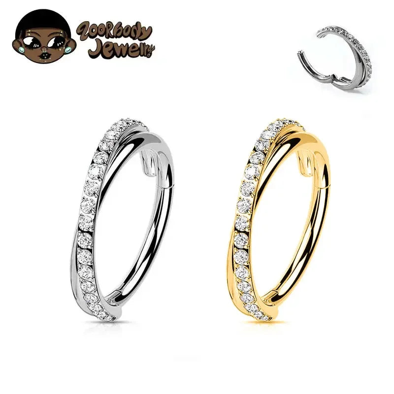 ZOOR Titanium Twisted Band Paved CZ Hinged Clicker Ring