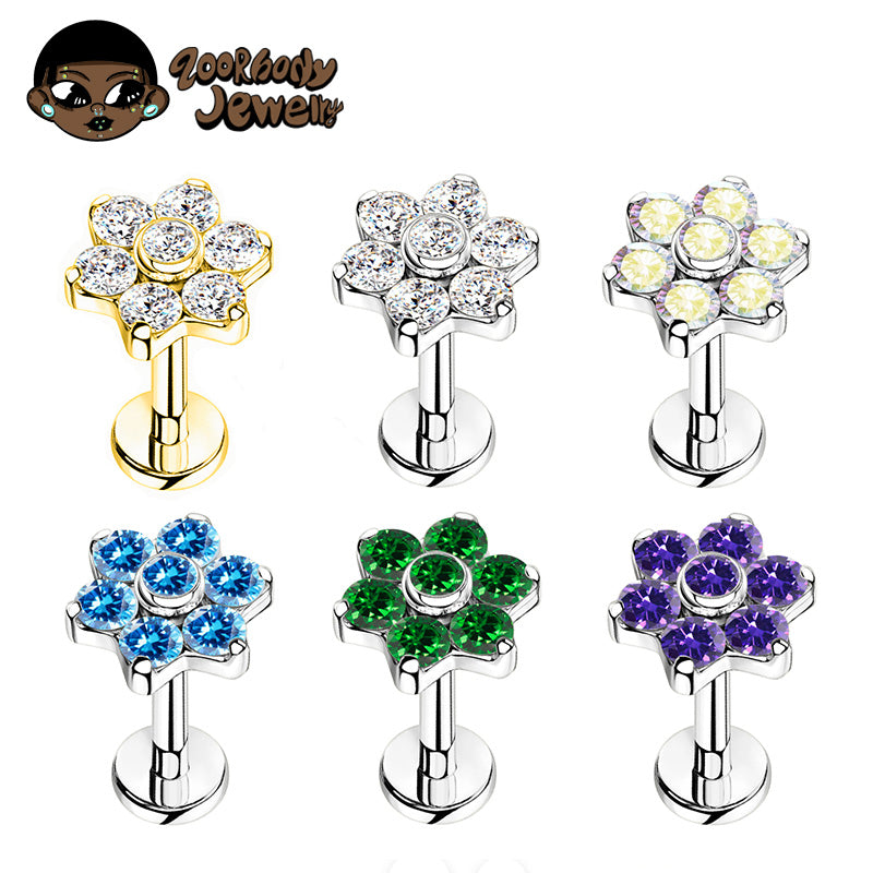 ZOOR Titanium Flower Paved CZ Internally Threaded Stud