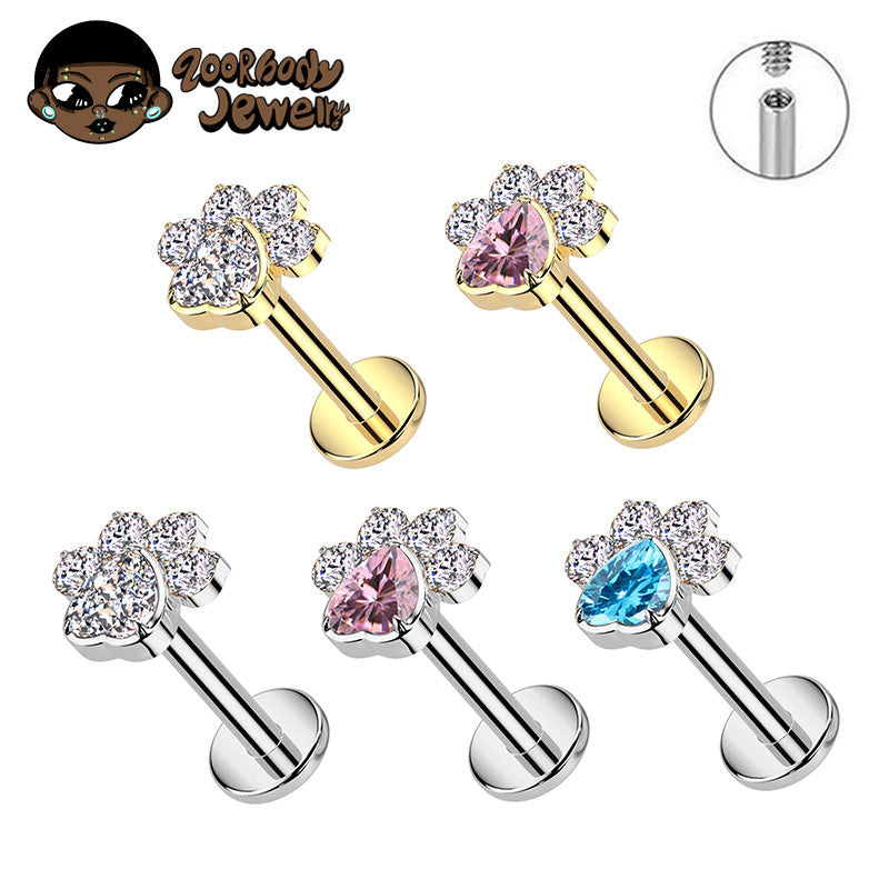 ZOOR Titanium Cat Paw CZ Internally Threaded Cartilage Stud
