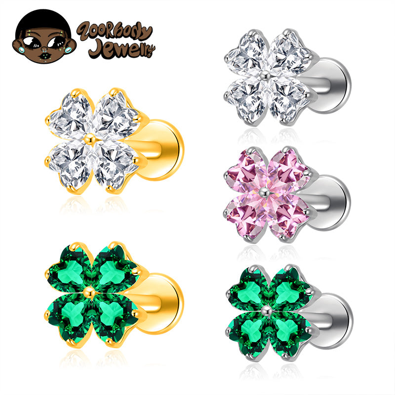 ZOOR ASTM F136 Titanium Four Leaf Clover Heart CZ Internally Threaded Labret Stud Tragus Helix Piercing Earring