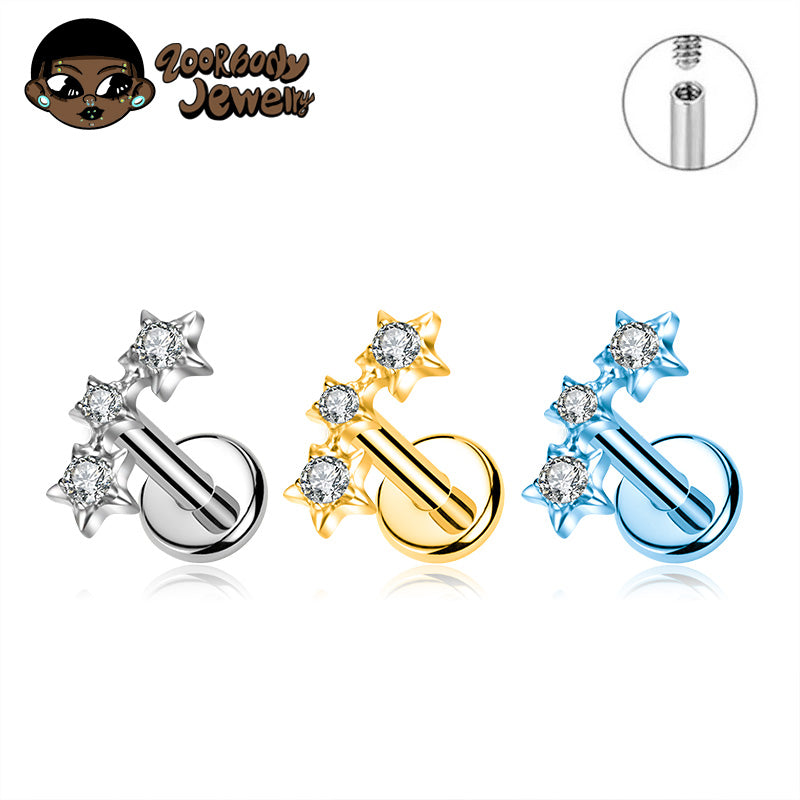 ZOOR ASTM F136 Titanium Triple Star Cluster Cartilage Earring 16G 18G Flat Back Labret Stud New Tragus Helix Piercing Jewelry