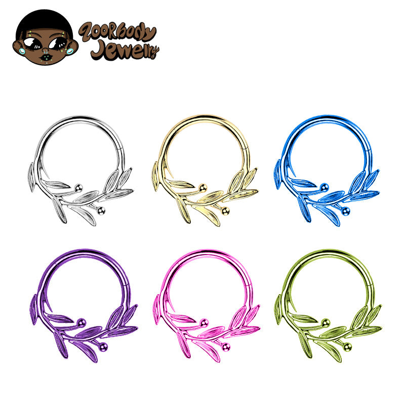 ZOOR ASTM F136 G23 Titanium Anodized Olive Leaf Hinged Clicker Hoop Septum Daith Helix Cartilage Piercing Jewelry