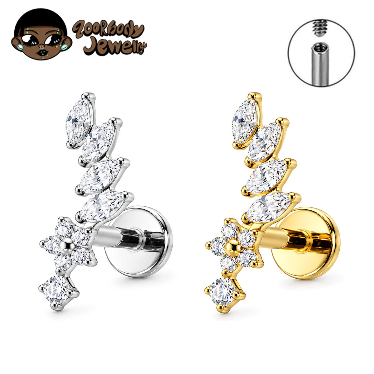 ZOOR Titanium Vine Leaf Marquise CZ Internally Threaded Stud