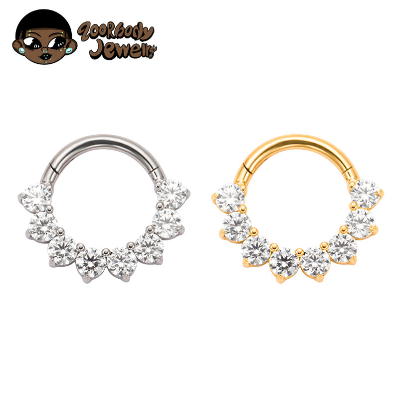 ZOOR ASTM F136 G23 Titanium 7‑Stone Fan‑Shape Clear CZ Hinged Clicker Hoop Septum Daith Helix Cartilage Piercing Jewelry