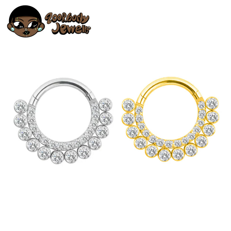 ZOOR ASTM F136 G23 Titanium Fan‑Shaped Paved Clear CZ Hinged Clicker Hoop Septum Daith Helix Cartilage Piercing Jewelry 16G