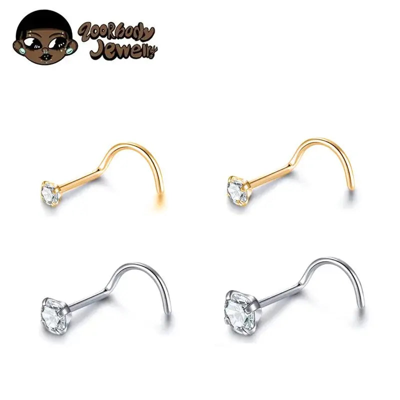ZOOR Titanium CZ Curved Nose Screw Piercing Stud