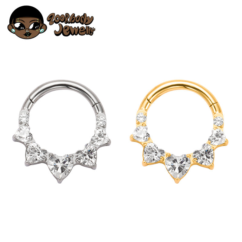 ZOOR ASTM F136 G23 Titanium Multi‑Heart Clear CZ Hinged Clicker Hoop Septum Daith Helix Cartilage Piercing Jewelry