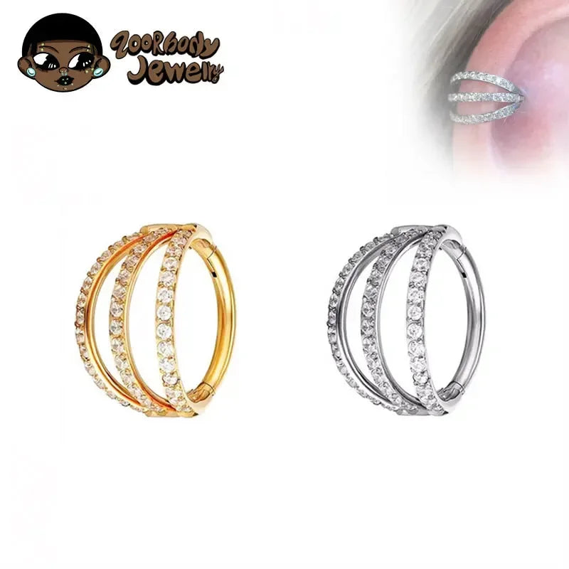 ZOOR Titanium Triple Row CZ Hinged Hoop