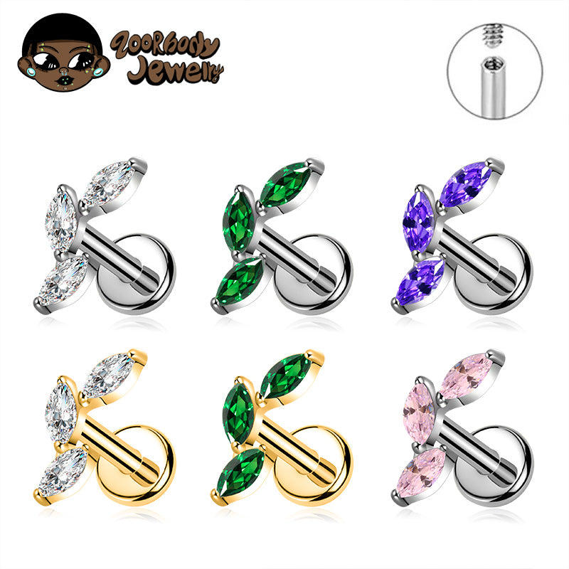 ZOOR ASTM F136 Titanium Triple Marquise CZ Internally Threaded Labret Stud Tragus Helix Piercing Earring