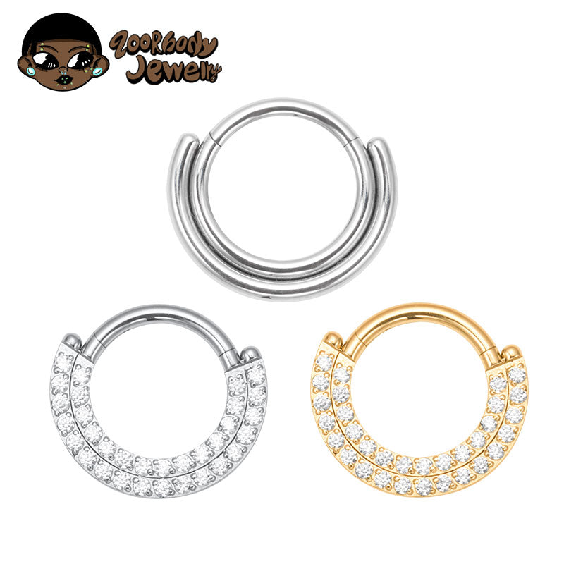 ZOOR ASTM F136 G23 Titanium Hinged Clicker Hoop, Plain & Single Row Clear CZ Septum Daith Helix Cartilage Piercing Jewelry