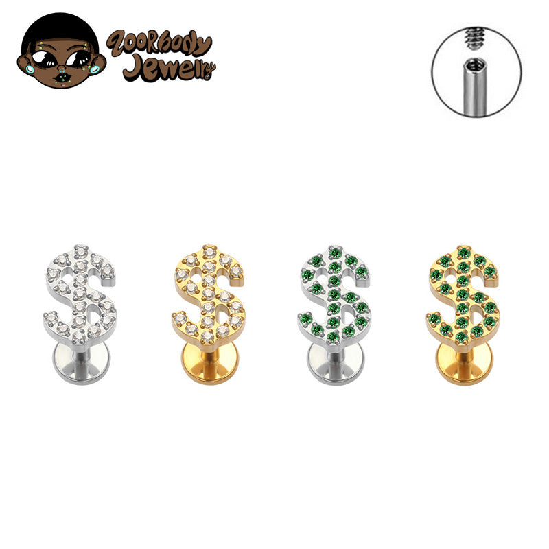 ZOOR Titanium Dollar Sign $ CZ Internally Threaded Stud
