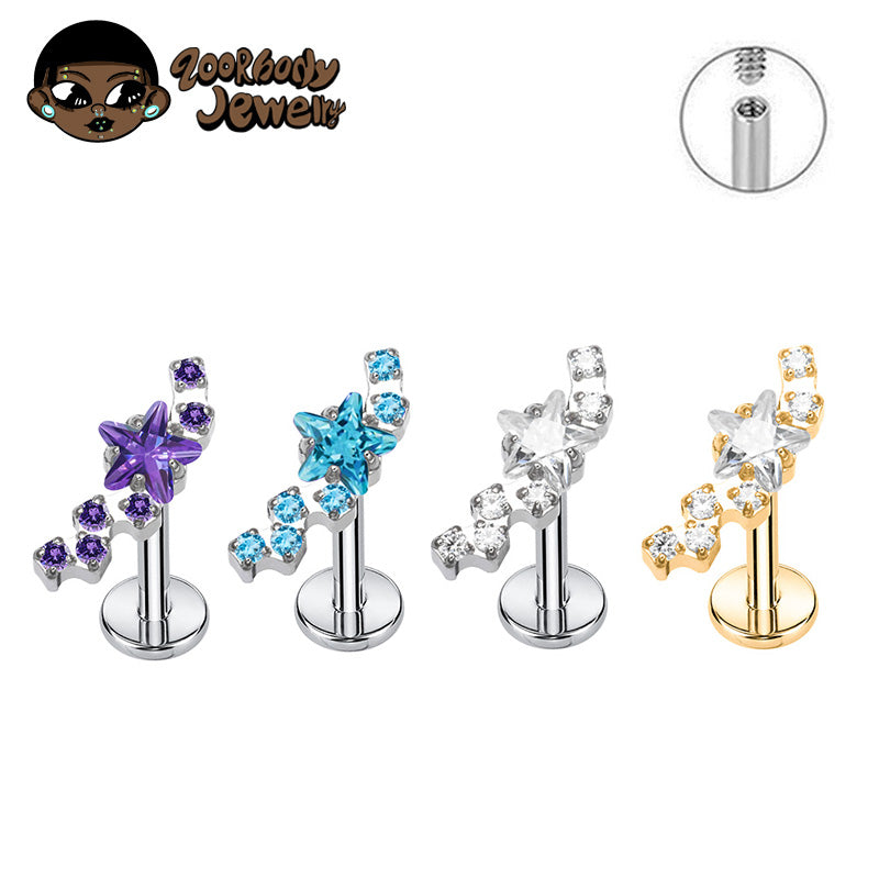 ZOOR Titanium Curved Star CZ Internally Threaded Cartilage Stud
