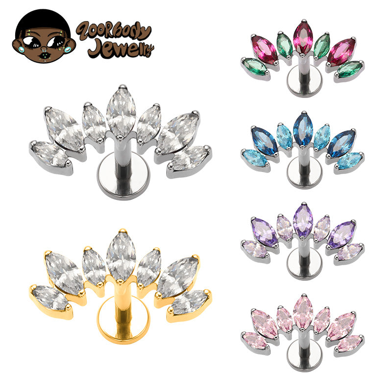 ZOORBODY ASTM F136 Titanium Internal Thread Leaf Marquise CZ Labret Studs Multicolor Zircon Curved Leaf Body Piercing Jewelry 16G Flat Back Cartilage Earring