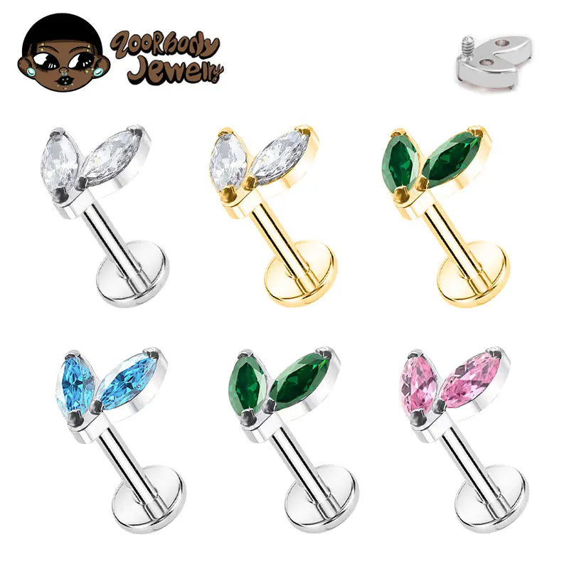 ZOOR Titanium Double Marquise CZ Internally Threaded Cartilage Stud