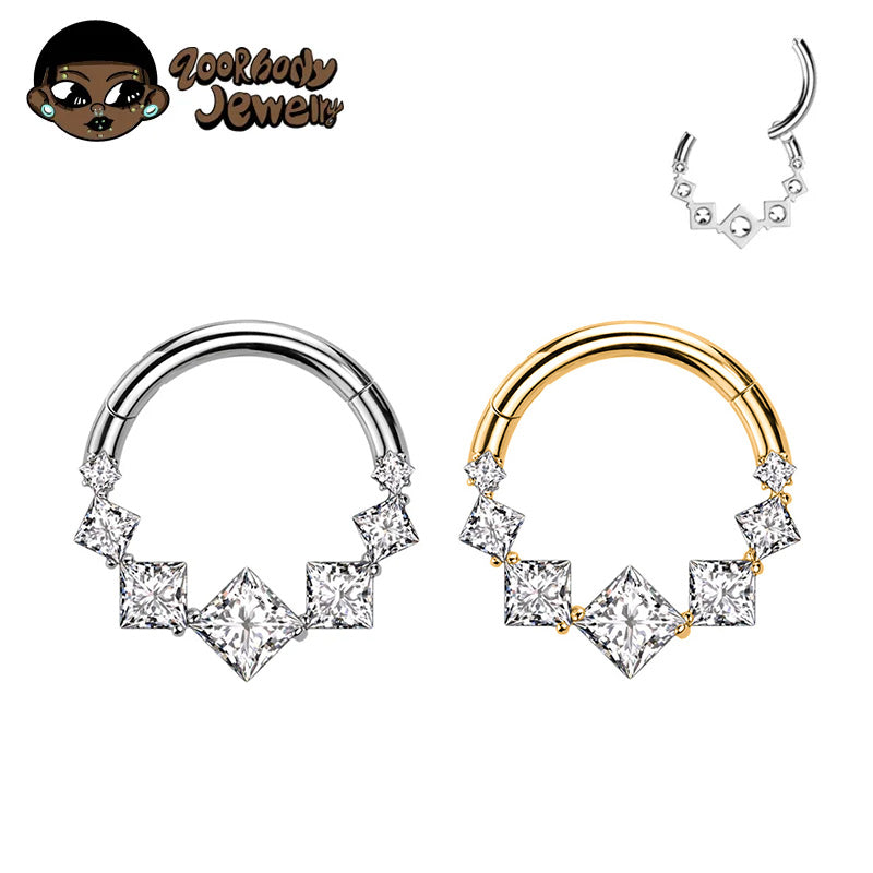 ZOOR ASTM F136 G23 Titanium Square Princess‑Cut Clear CZ Hinged Clicker Hoop Septum Daith Helix Cartilage Piercing Jewelry