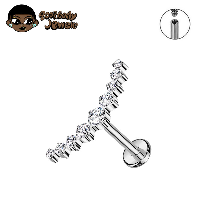 ZOOR ASTM F136 Titanium Curved Arc Round CZ Internally Threaded Labret Stud Helix Tragus Piercing Earring