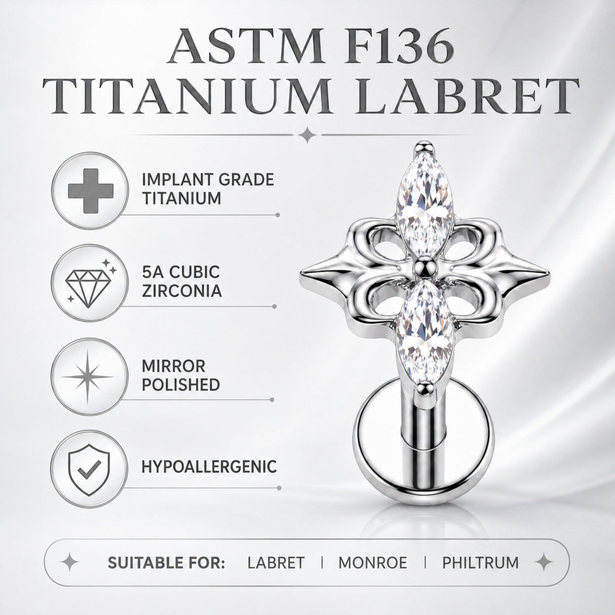 ZOOR ASTM F136 Titanium Piercing Marquise CZ Star Labret Stud Tragus Cartilage Earring Flatback Helix G23 Piercing Jewelry