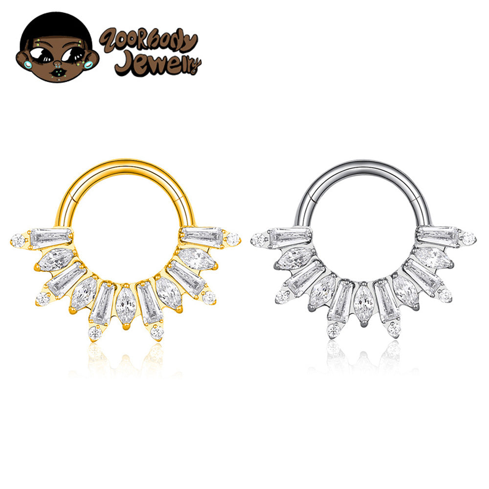 ZOOR Titanium Baguette Marquise CZ Sunburst Hinged Clicker Hoop