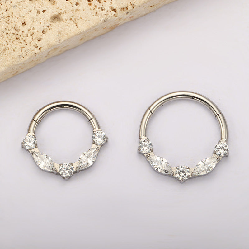 ZOOR ASTM F136 G23 Titanium Marquise & Round Clear CZ Floral Hinged Clicker Hoop Septum Daith Helix Cartilage Piercing Jewelry