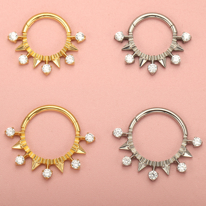 ZOOR ASTM F136 G23 Titanium Spike Rivet Clear CZ Hinged Clicker Hoop Septum Daith Helix Cartilage Piercing Jewelry