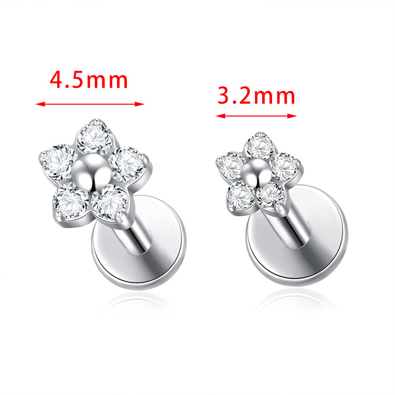 ZOOR ASTM F136 Titanium Flower CZ Internally Threaded Labret Stud 3.2mm & 4.5mm Tragus Helix Piercing Earring