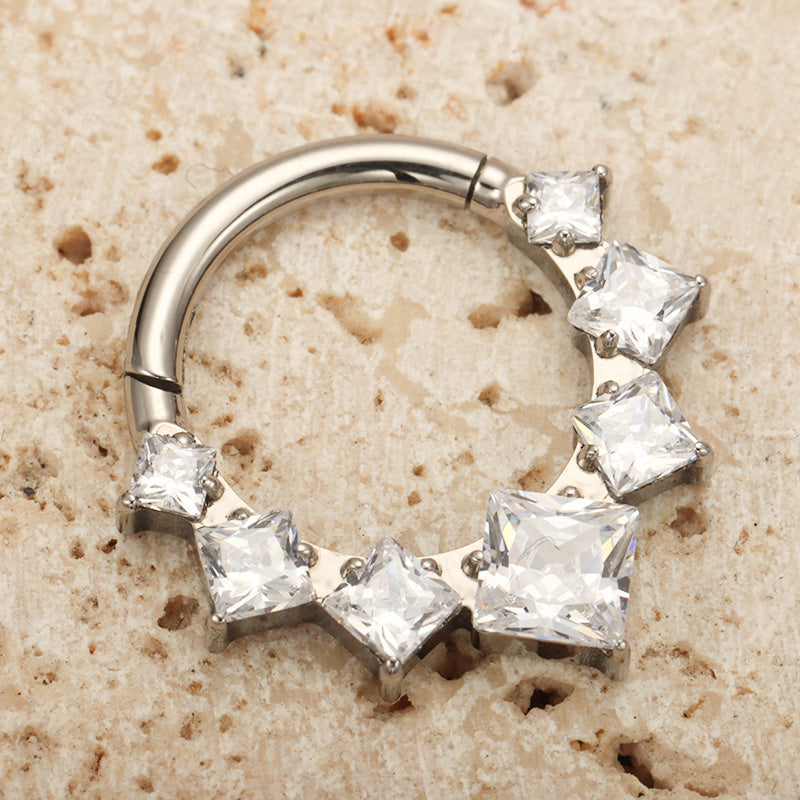 ZOOR ASTM F136 G23 Titanium Square Princess‑Cut Clear CZ Hinged Clicker Hoop Septum Daith Helix Cartilage Piercing Jewelry