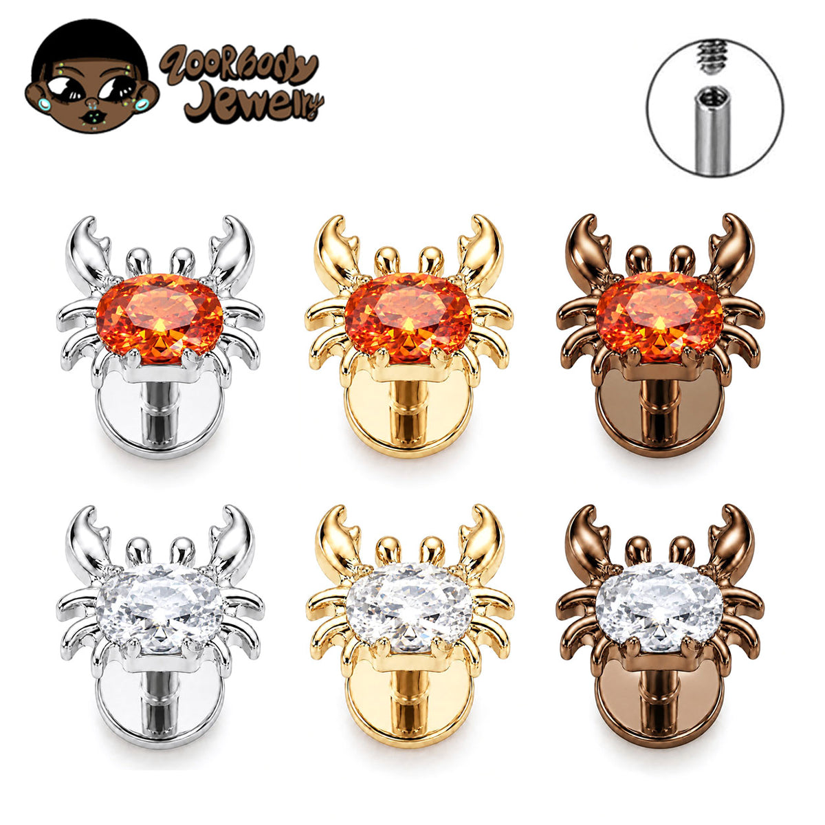 ZOOR Titanium Crab Oval CZ Internally Threaded Stud