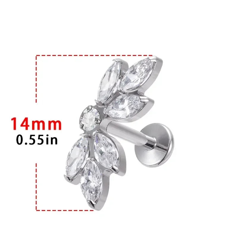 ZOOR ASTM F136 Titanium Marquise CZ Leaf Internal Thread Labret Stud Helix Tragus Piercing Earring
