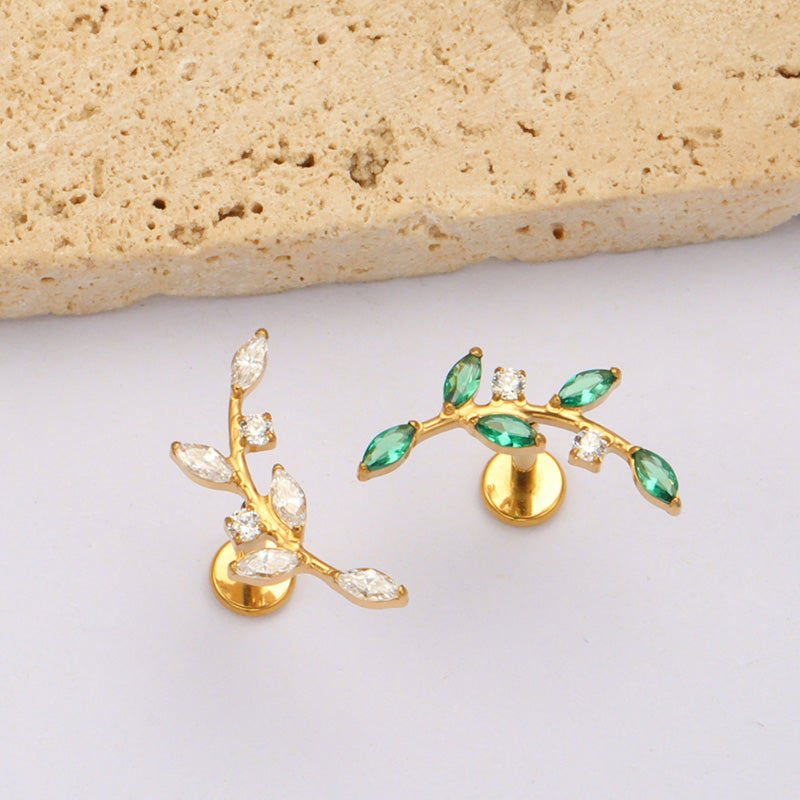 ZOOR ASTM F136 Titanium Curved Vine Marquise & Square CZ Internally Threaded Labret Stud Helix Tragus Piercing Earring