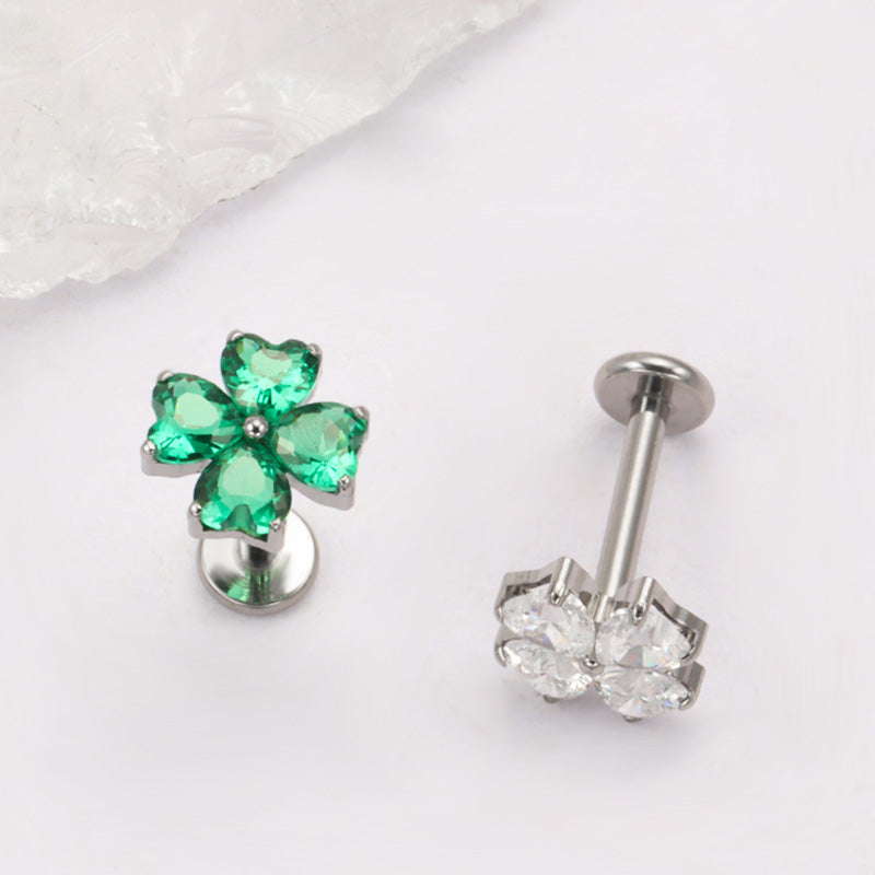 ZOOR ASTM F136 Titanium Four Leaf Clover Heart CZ Internally Threaded Labret Stud Tragus Helix Piercing Earring
