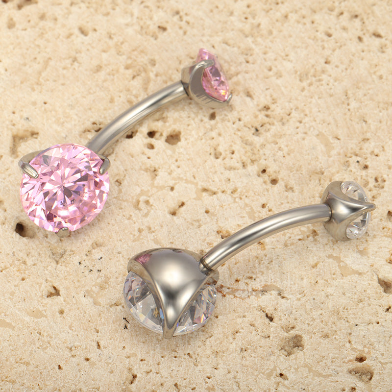 ZOORBODY JEWELRY ASTM F136 Titanium Belly Button Rings Internal Thread Double Round CZ Navel Piercing Curved Barbell, Shiny Clear Pink Zircon Body Piercing Accessories