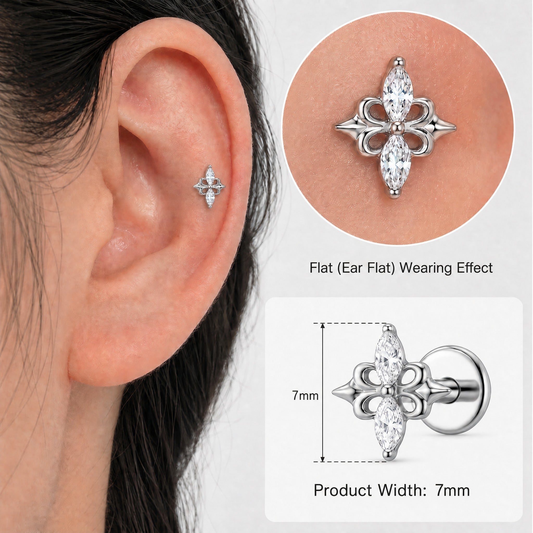 ZOOR ASTM F136 Titanium Piercing Marquise CZ Star Labret Stud Tragus Cartilage Earring Flatback Helix G23 Piercing Jewelry