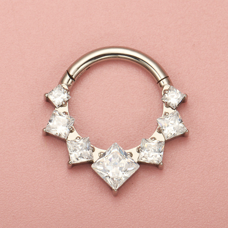 ZOOR ASTM F136 G23 Titanium Square Princess‑Cut Clear CZ Hinged Clicker Hoop Septum Daith Helix Cartilage Piercing Jewelry