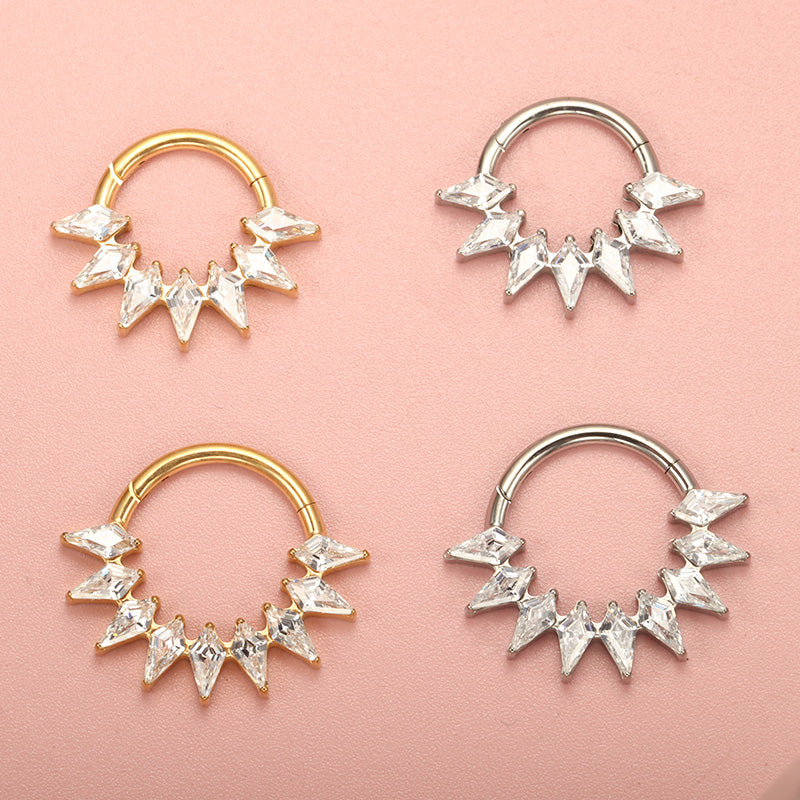 ZOOR ASTM F136 G23 Titanium Diamond‑Shape Clear CZ Hinged Clicker Hoop Septum Daith Helix Cartilage Piercing Jewelry