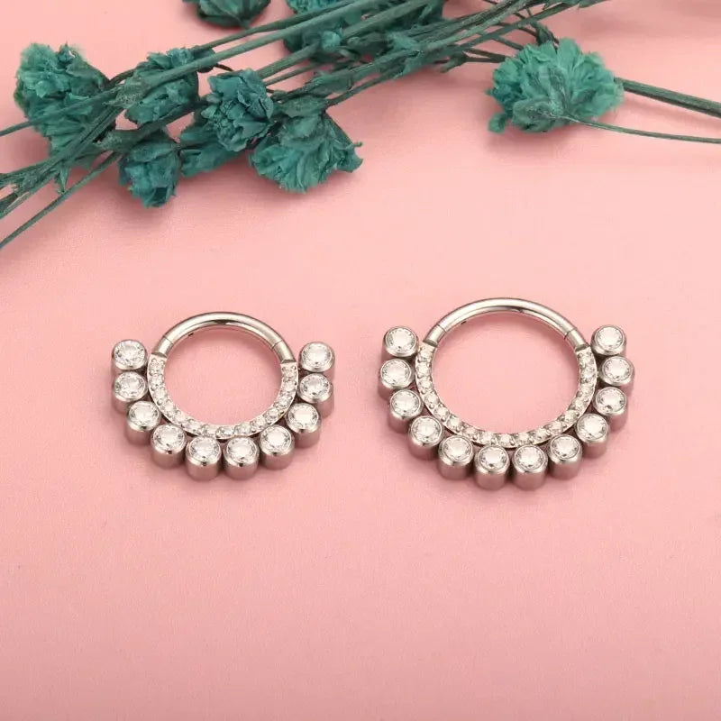 ZOOR ASTM F136 G23 Titanium Fan‑Shaped Paved Clear CZ Hinged Clicker Hoop Septum Daith Helix Cartilage Piercing Jewelry 16G