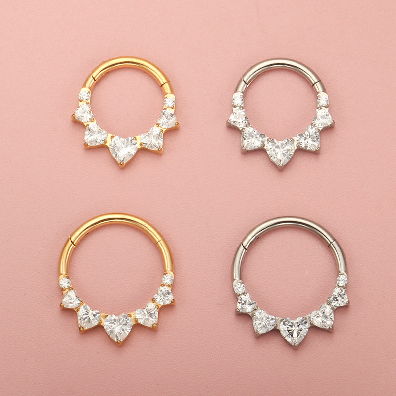 ZOOR ASTM F136 G23 Titanium Multi‑Heart Clear CZ Hinged Clicker Hoop Septum Daith Helix Cartilage Piercing Jewelry