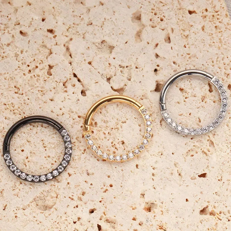 ZOOR Titanium Half Paved CZ Hinged Clicker Hoop