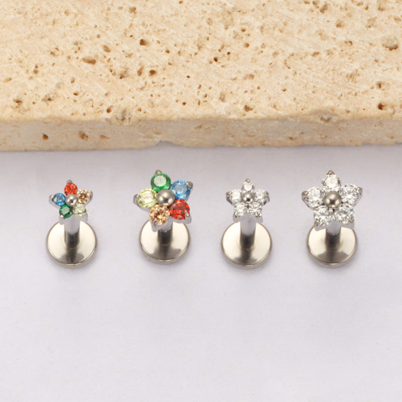 ZOOR ASTM F136 Titanium Flower CZ Internally Threaded Labret Stud 3.2mm & 4.5mm Tragus Helix Piercing Earring