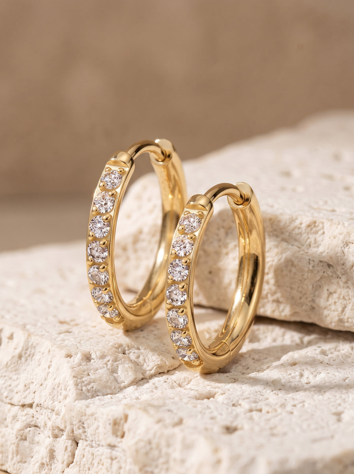ZOOR Titanium Double Band Half Paved CZ Hinged Hoop Pair