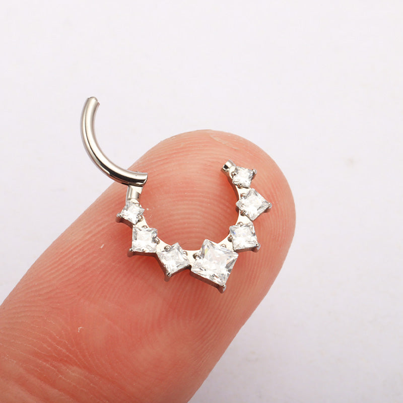 ZOOR ASTM F136 G23 Titanium Square Princess‑Cut Clear CZ Hinged Clicker Hoop Septum Daith Helix Cartilage Piercing Jewelry