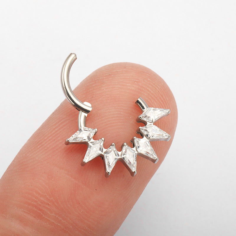 ZOOR ASTM F136 G23 Titanium Diamond‑Shape Clear CZ Hinged Clicker Hoop Septum Daith Helix Cartilage Piercing Jewelry